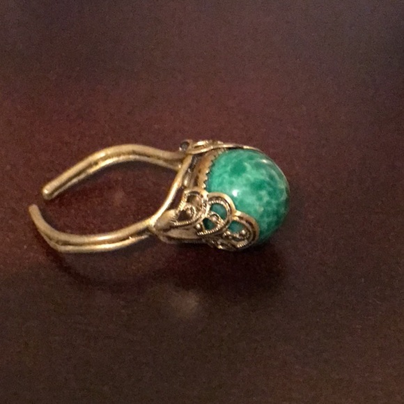 Antique Art Deco Brass Filigree Peking Glass Ring - Picture 2 of 7